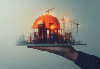 Building the Future: A hand holds a tablet showcasing a city skyline emerging from beneath a hard hat. The scene depicts a modern approach to construction and architecture.