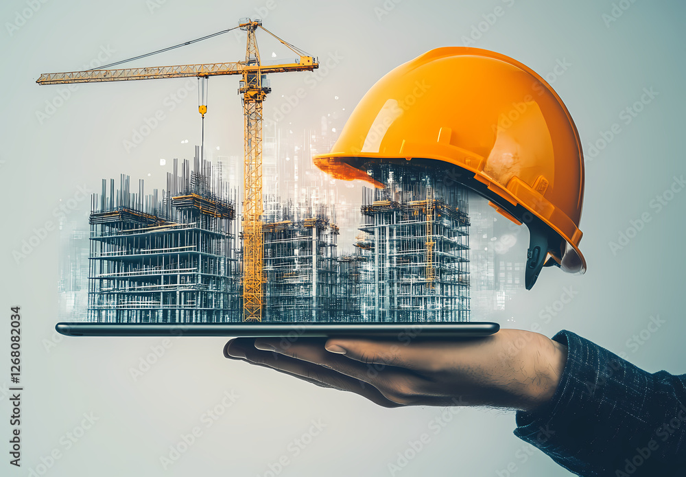 Poster construction project in the palm of your hand: a digital rendering of a futuristic cityscape under c