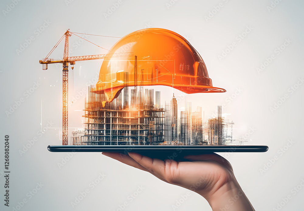 Poster digital construction project: a hand holds a tablet displaying a futuristic 3d model of a constructi