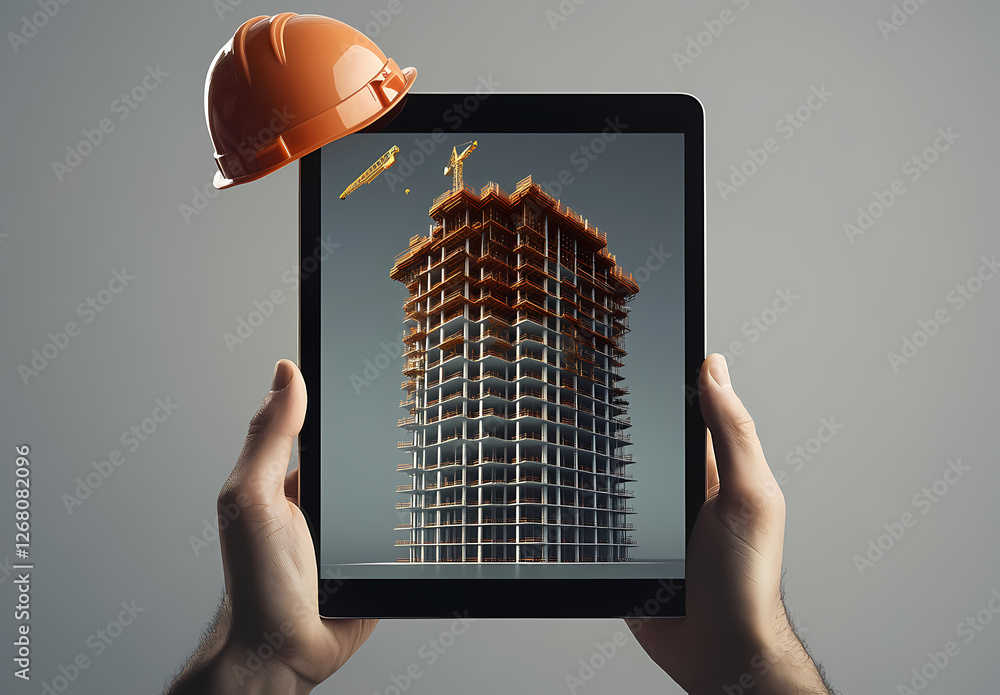 Poster building a vision: a close-up view of hands holding a tablet displaying a 3d rendering of a modern s