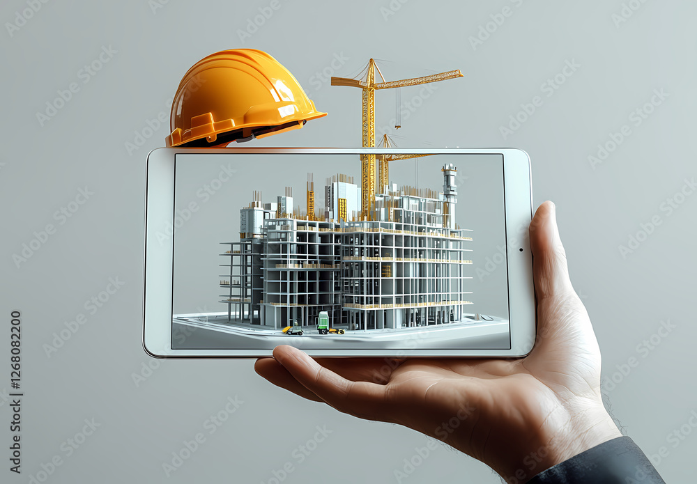 Poster building the future: a hand holds a tablet displaying a 3d model of a construction project, with a h