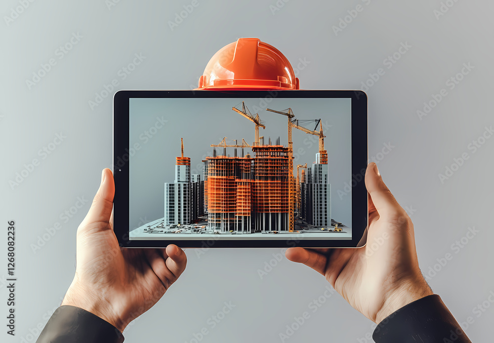 Poster building a future: a pair of hands holds a digital tablet displaying a 3d model of a building under 