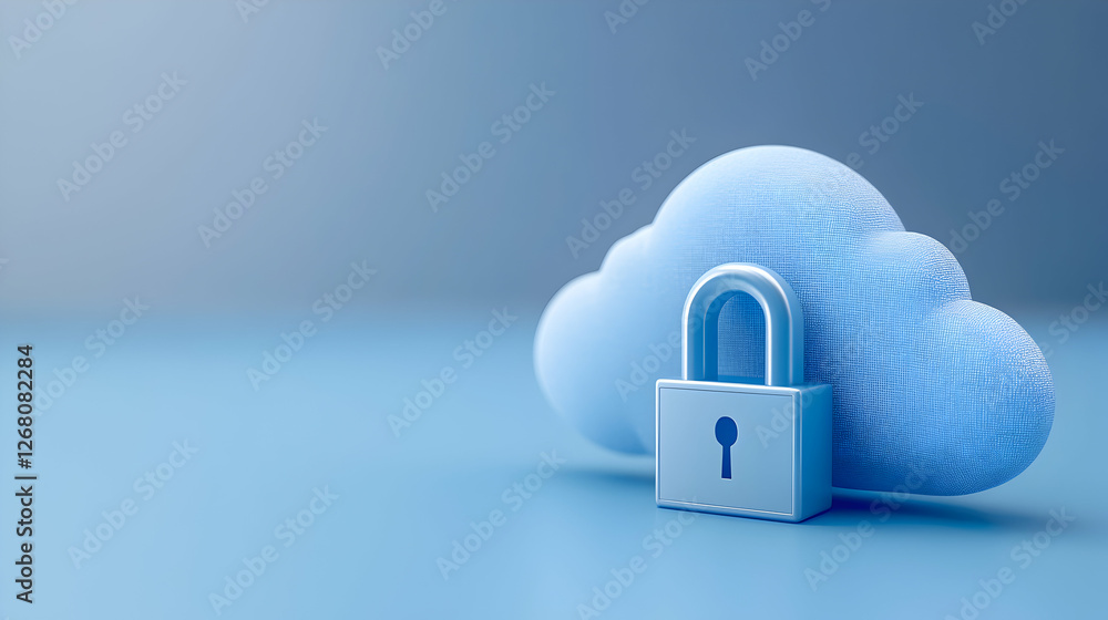 Poster a 3d representation of a cloud with a padlock symbolizing cloud security and data protection, showca
