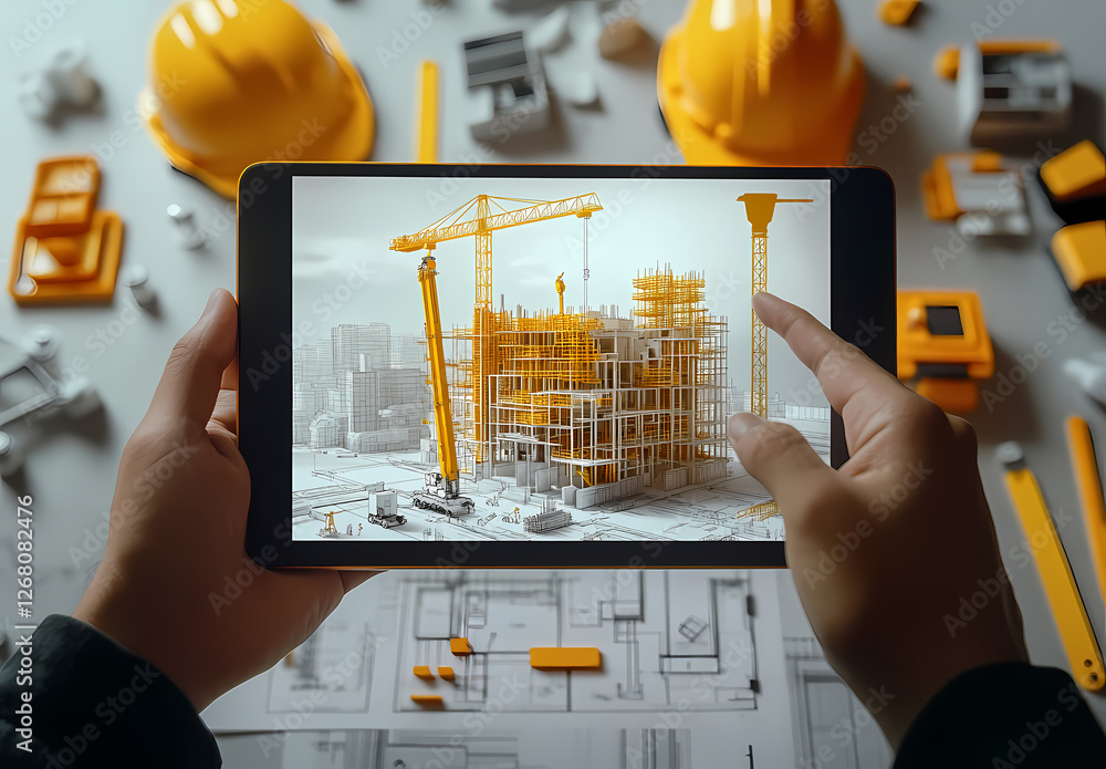 Poster digital blueprint: a hand holding a tablet displays a 3d model of a construction project, illustrati