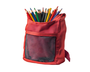 Red backpack with a mesh cup filled with color pencils,
