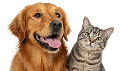 Obraz premium A delightful dog and a charming kitten sit side by side, their joyful energy amplified by a bright white setting.