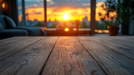 Sunset view from wooden table in modern apartment