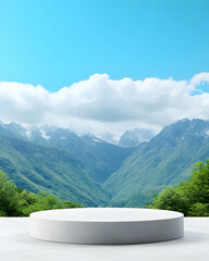 A serene landscape featuring majestic mountains under a clear blue sky. The view showcases lush greenery and a circular pedestal, perfect for showcasing outdoor presentations.