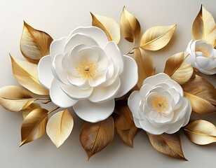 3d textured white camellia flowers with golden leaves arranged horizontally on a light background featuring delicate gold accents for an elegant and refined design