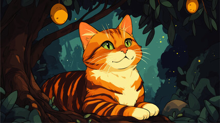 Charming Orange Tabby Cat in Enchanted Forest with Glowing Fireflies and Oranges in Mystical Nighttime Illustration – Perfect for Nature and Cat Lovers