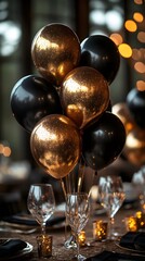 Naklejka premium An Opulent Evening Celebration Decorated with Black and Gold Balloons, Streamers, and Exquisite Table Settings