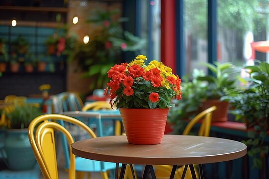 Title: Vibrant Outdoor Dining: A Close-Up of a Beautifully Set Table on a Summer Terrace Café, with a Waiter in the Background