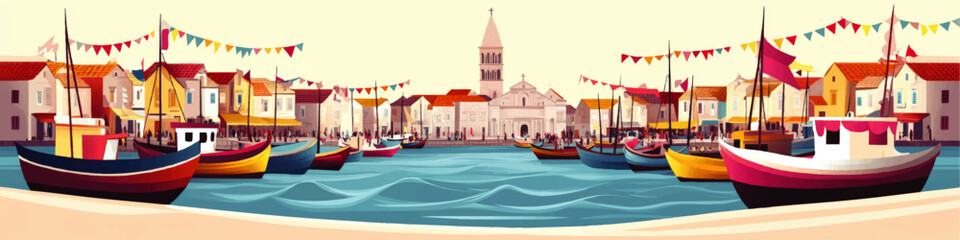 Fototapeta premium Vibrant Mediterranean Coastal Town with Colorful Boats and Historic Architecture - Seaside Marketplace and Scenic Waterfront in Vector Art