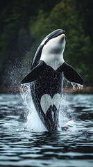Obraz premium A Stunning Display of Nature: An Orca Whale Jumping in Cowichan Bay, Vancouver Island's Pristine Waters