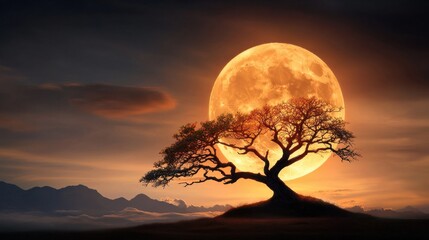 Majestic Full Moon Behind Silhouette of a Tree