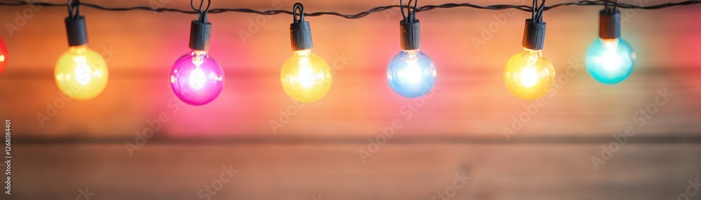 Poster colorful string lights illuminate a wooden surface, creating a warm and inviting atmosphere perfect 