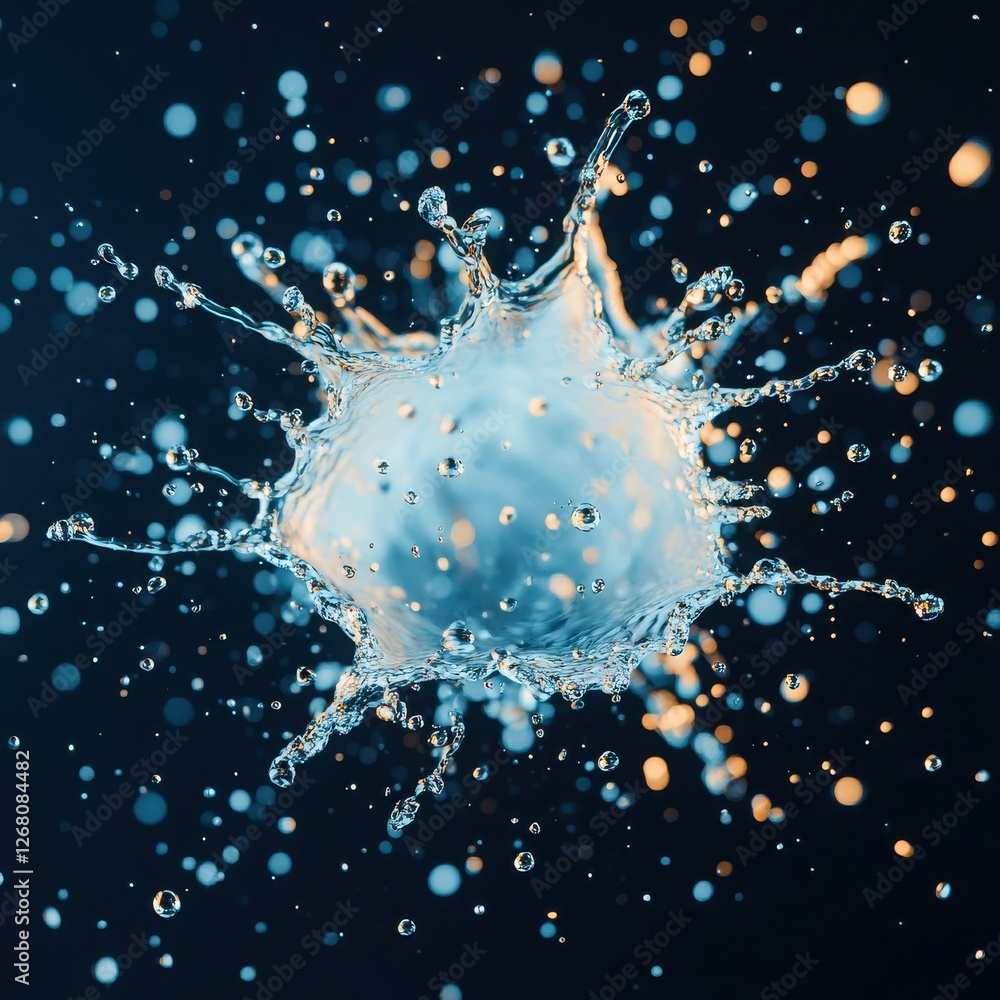 Poster dynamic splash of water with vibrant droplets creating a stunning visual effect against a dark backg