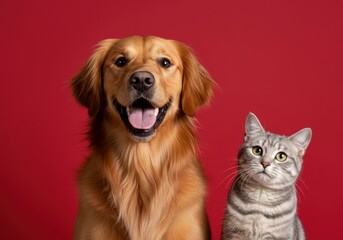 Obraz premium A golden retriever and a lively cat share a moment of happiness, highlighted by a bright red backdrop.