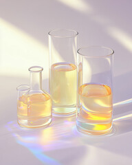 Laboratory glassware containing yellow liquid under sunlight creating rainbow reflections
