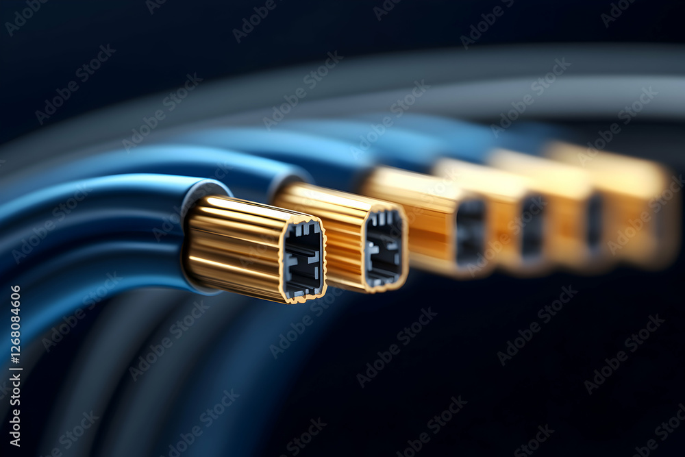 Poster close-up image of multiple high-tech cables with gold connectors, showcasing the intricate details a