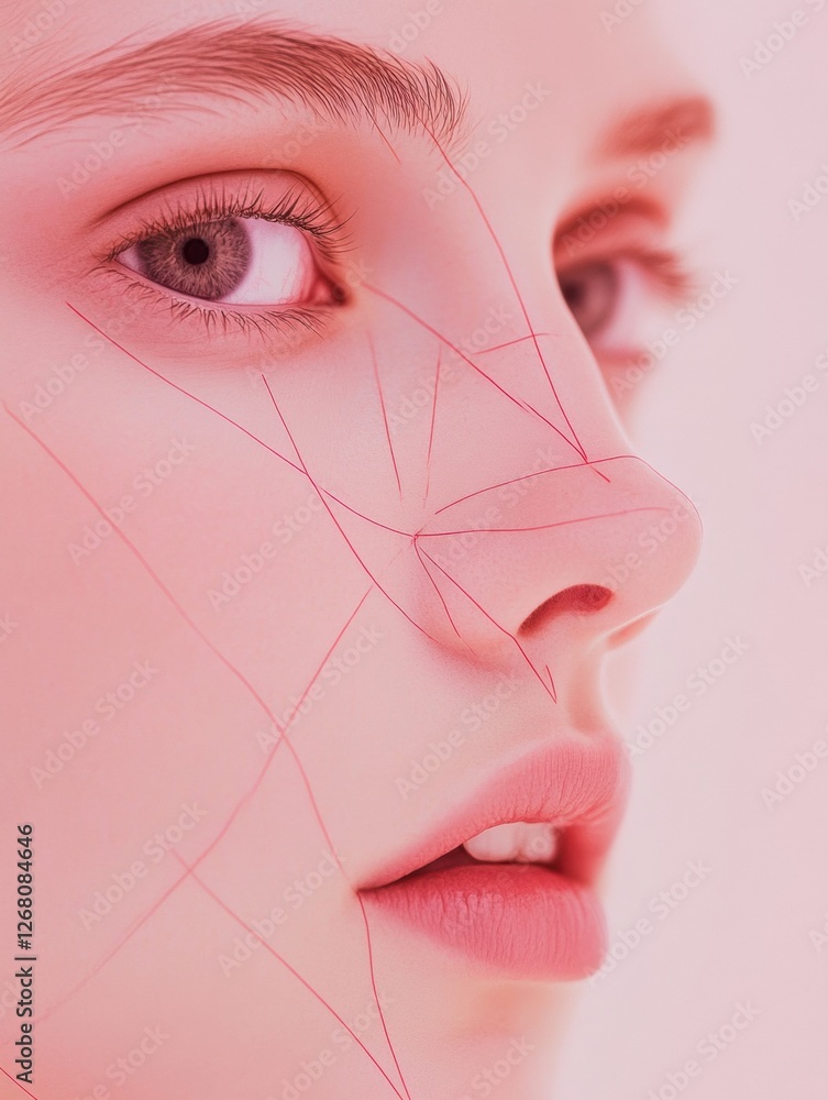 Aufkleber close up view of a female face with artistic lines on skin and subtle pink background showcasing bea