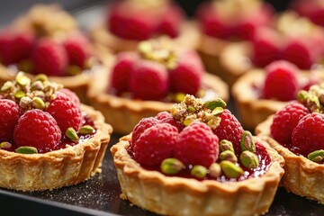 Fresh raspberries and pistachios arranged on a table, perfect for snacking or as a centerpiece