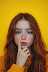 Naklejka premium A young girl with distinctive freckles on her face, looking straight ahead