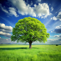 Obraz premium A magnificent, lush green tree stands tall in the heart of an expansive