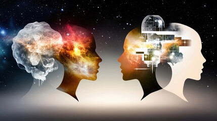 Fototapeta premium Abstract representation of human heads with cosmic and technological themes.
