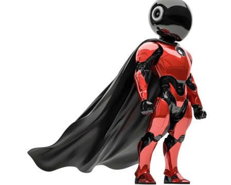 Red robotic figure with a black helmet and cape, resembling a futuristic superhero.