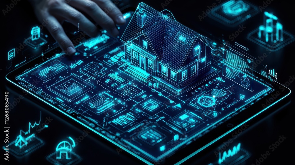 Poster digital blueprint of a house displayed on a tablet with holographic elements.
