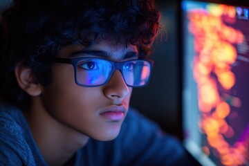 A person sitting in front of a laptop, focused on the screen
