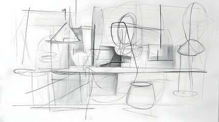 Abstract pencil sketch still life on white paper, depicting house, objects, and geometric shapes; design concept