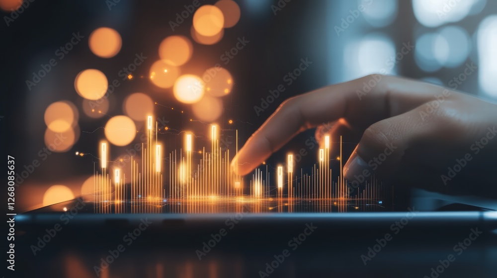 Poster digital tablet screen showing golden financial growth chart business data analysis technology innova