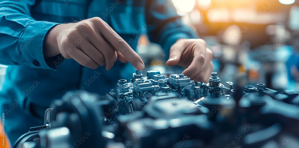 Poster mechanic inspecting engine: close-up of a mechanic's hands meticulously inspecting a complex engine,