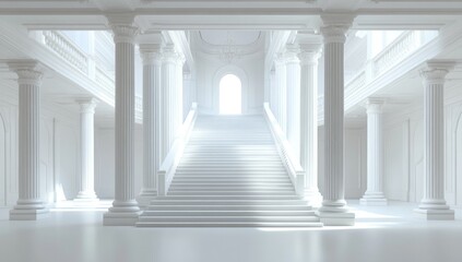 Grandiose White Palace Interior: A Majestic Staircase and Classical Columns