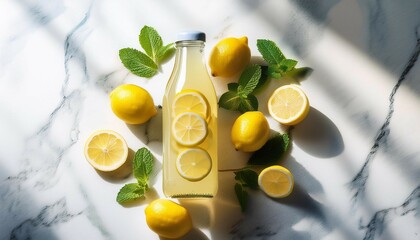 a refreshing bottle of lemonade with lemon slices inside surrounded by whole and sliced lemons and fresh mint leaves on a marble surface sunlight casting soft shadows
