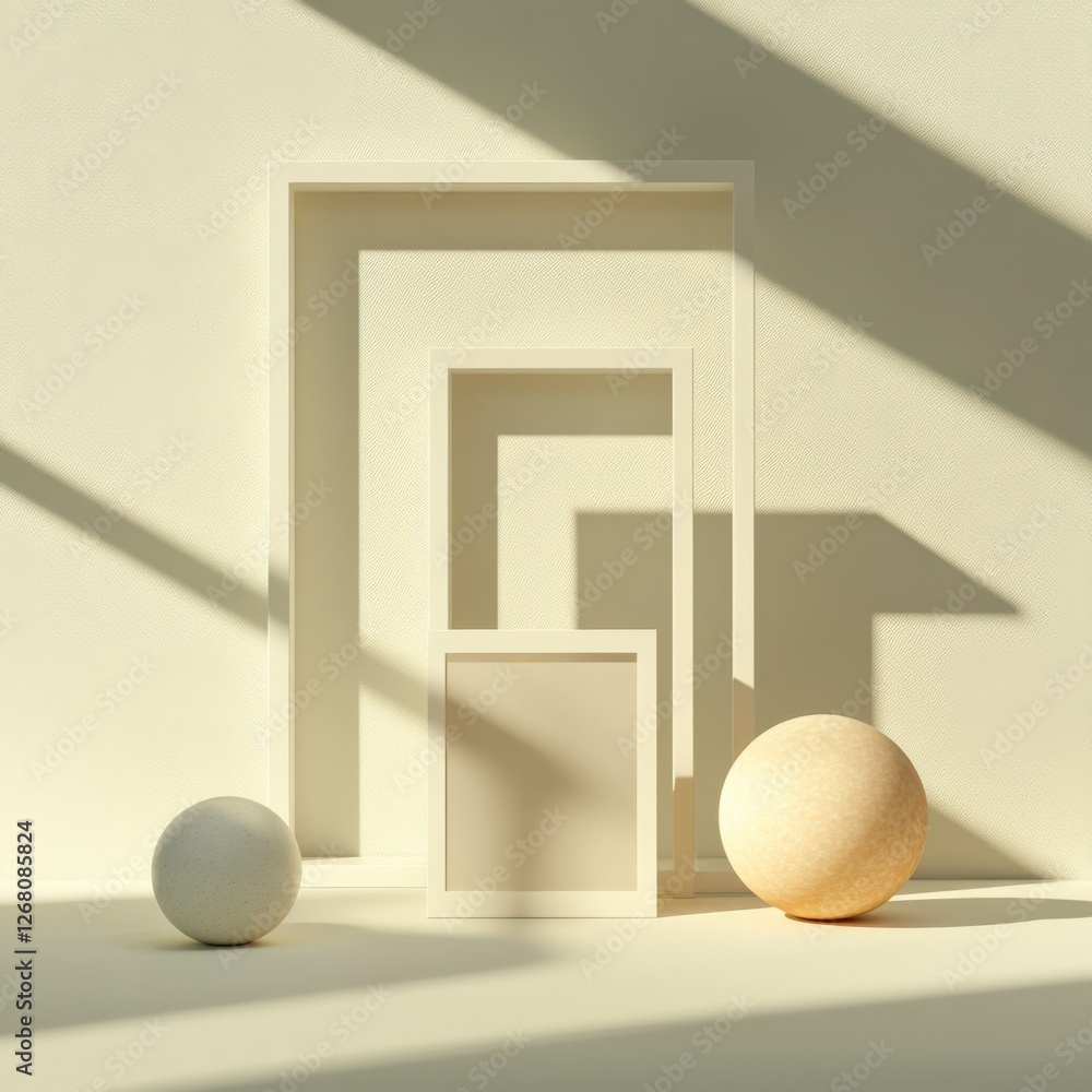 Poster minimalist display of frames and spheres in soft light