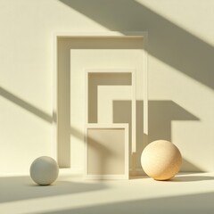 minimalist display of frames and spheres in soft light