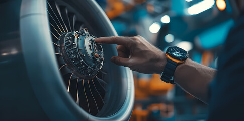 Precision and Expertise:  A close-up shot captures the meticulous hand of a technician inspecting a complex jet engine, showcasing the intricate details and high-tech nature of modern aviation.