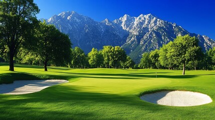 Obraz premium Mountain golf course green, sunny day, Alps