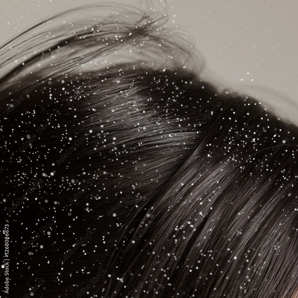 Poster close up view of dandruff flakes on dark hair strands with ample text space for informative content 