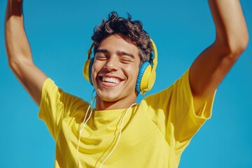 A young person enjoying music on the go with earphones and a bright yellow shirt