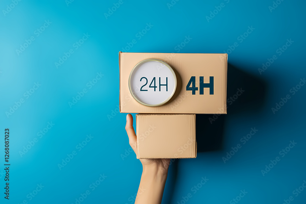 Poster fast delivery concept: a hand holds two cardboard boxes, one stacked on top of the other. a clock fa