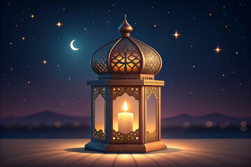 Illuminated Ramadan lantern, night sky, mountains, celebration