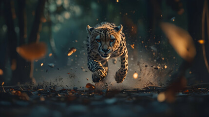 Cheetah sprinting through forest, dust and leaves airborne, sunset backdrop; wildlife documentary use