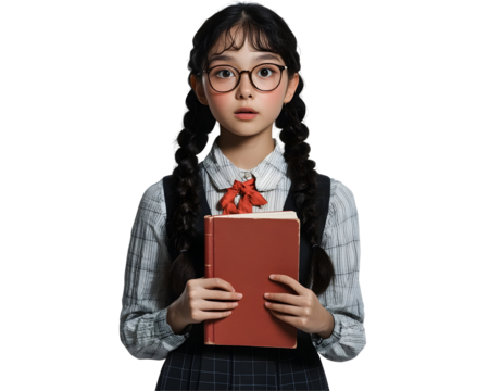 Schoolgirl holding a book with a cheerful expression,