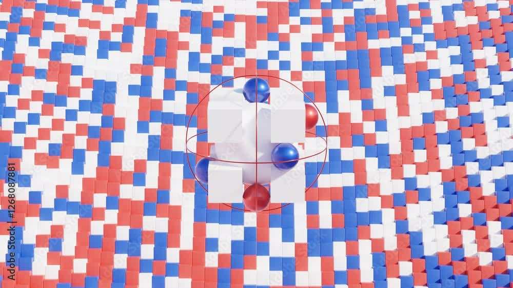 Poster abstract 3d animation, dynamic geometric grid with blue and red accents, seamless looped motion back