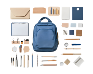 Set of essential school items, including a backpack and stationery,