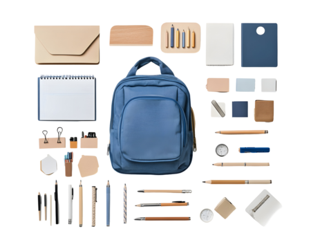 Set of essential school items, including a backpack and stationery,